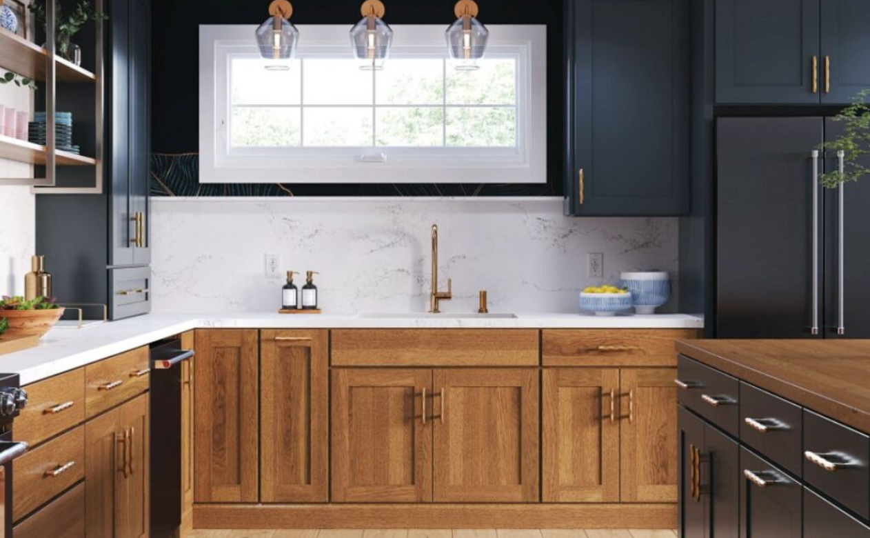 navy blue and natural wood kitchen cabinets in Austin, with island
